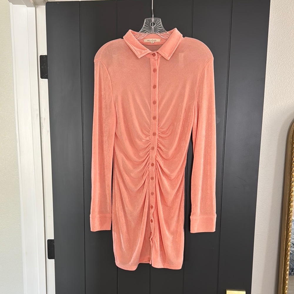 Salmon Button Down Long Sleeve Dress